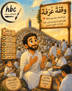 في مشهدٍ إيماني مهيب يجسد روحانية يوم عرفة، يظهر الحجاج بملابس الإحرام البيضاء وهم يرفعون أيديهم بالدعاء فوق جبل عرفات، في لوحة كاريكاتيرية دافئة تحمل معاني الرحمة والمغفرة والتقرب إلى الله. وتُبرز الصورة أجواء السكينة والخشوع في أعظم أيام العام، حيث تتوحد القلوب في الدعاء والأمل. كما يضفي شعار HBC بريشة لمسة فنية مميزة تعكس الطابع الإبداعي للعمل، ليصبح التصميم رسالة بصرية مؤثرة عن فضل وقفة عرفات ومكانتها العظيمة في نفوس المسلمين.