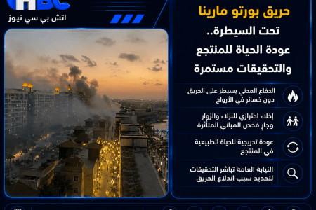 حريق بورتو مارينا تحت السيطرة.. عودة الحياة للمنتجع والتحقيقات مستمرة